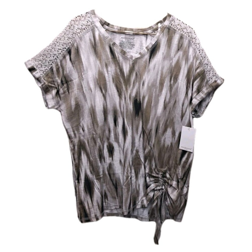 NWT Westbound PL Top Stretch Lace Shoulder Short Sleeves Petite Large Waist Tie
